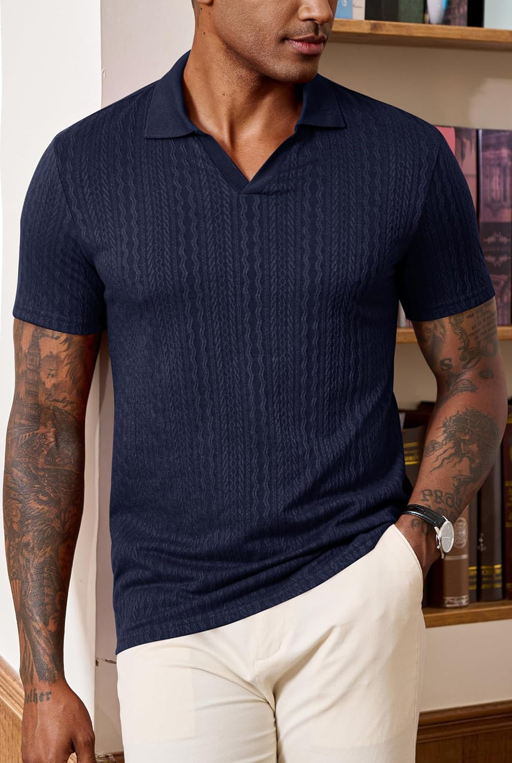 Men Johnny Collar Textured Polo Shirt Cable Knit Stretch Casual Shirts XL - 1902