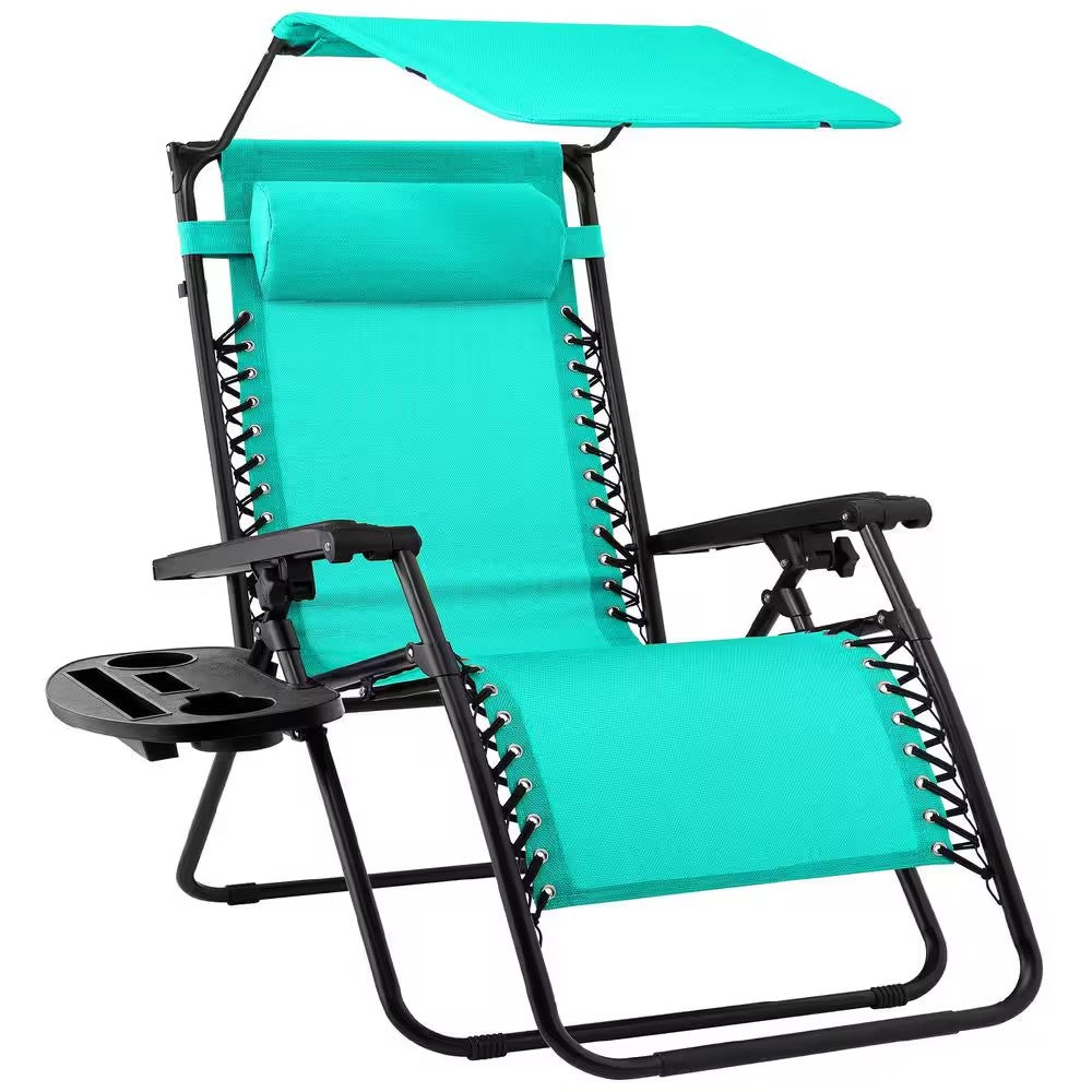 Zero Gravity Folding Reclining Mint Fabric Outdoor Lawn Chair with Canopy Shade, Headrest Tray M92