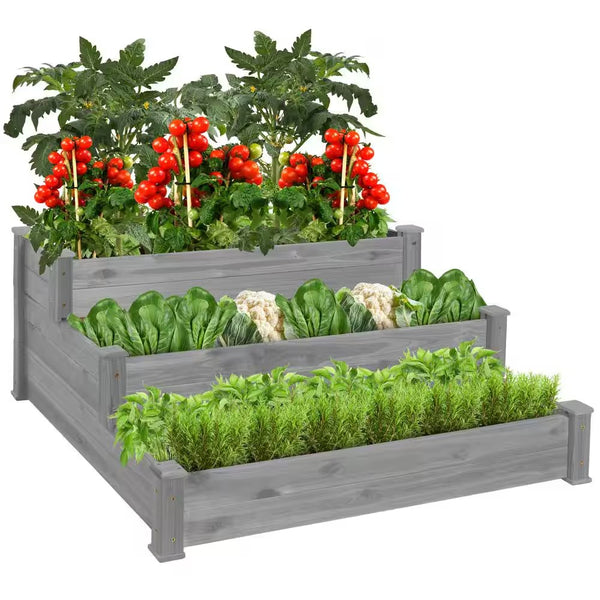 4 ft. x 4 ft. 3-Tier Wooden Raised Garden Bed Planter Kit for Plants, Vegetables, Outdoor Gardening - Gray -K3-0387