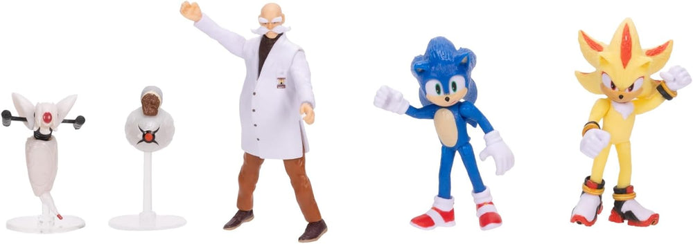 Sonic 3 Movie Action Figures 2.5-Inch Movie Collector Toy Figure Multi-Pack, Wave #3 Includes Sonic, Gerald Robotnik, Super S, Buzzbomber & Burrito Drone- Officially Licensed Toys 1344