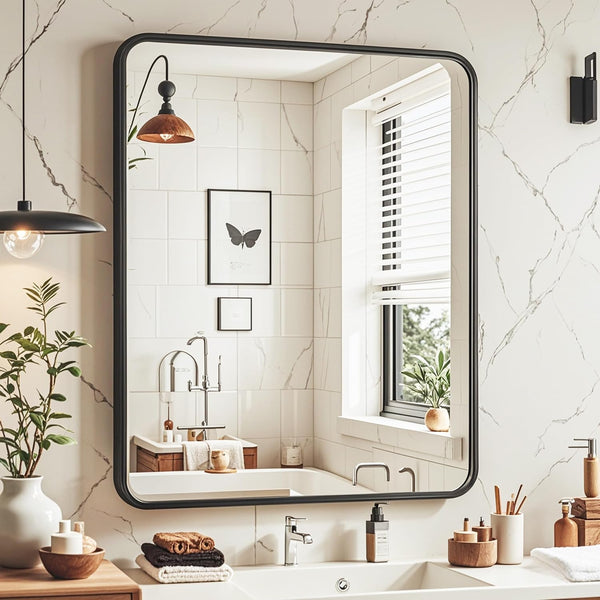 20x24 Black Rectangle Bathroom Mirrors for Over Sink, Bathroom Vanity Mirror for Wall, Black Metal Frame Rectangular Mirror for Restroom Powder Room Toilet, Shatterproof, Tempered Glass 1961