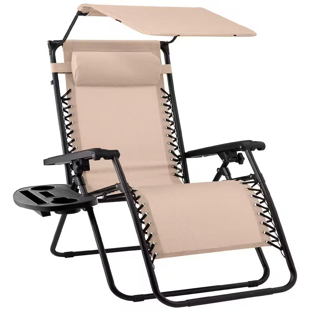 Zero Gravity Folding Reclining Sand Fabric Outdoor Lawn Chair with Canopy Shade, Headrest Tray - K108