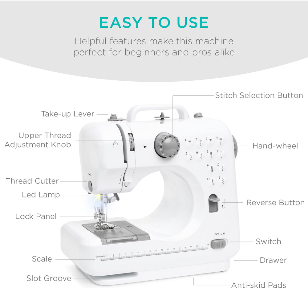 Best Choice Products 6V Portable Sewing Machine 42-Piece Beginners Kit w/ 12 Stitch Patterns - Gray/White 1261b -C7-0414 -C7-0462