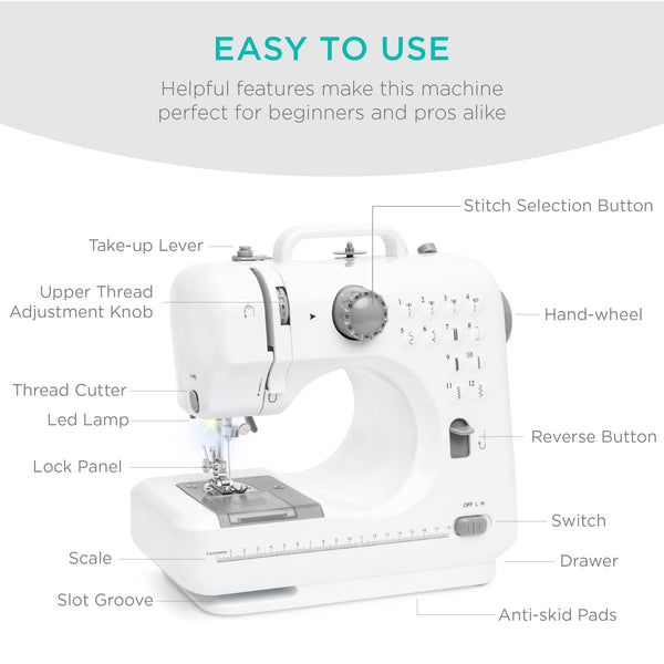 Best Choice Products 6V Portable Sewing Machine 42-Piece Beginners Kit w/ 12 Stitch Patterns - Gray/White 1261b -C7-0414 -C7-0462