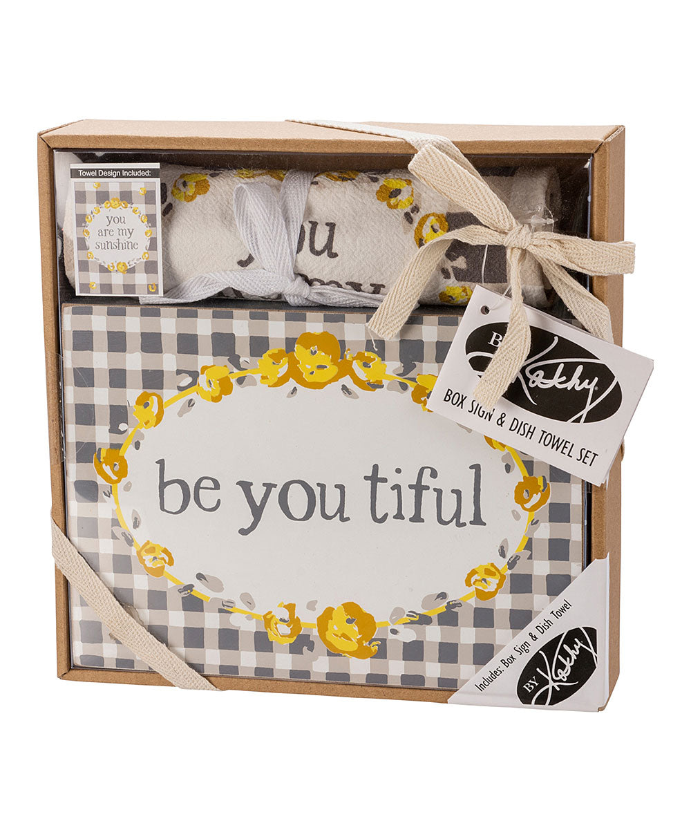 Gray & White Gingham 'Be You Tiful' Block Sign & Dish Towel - F13 - 1932 -F13-1918