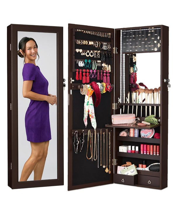 Best Choice Products Hanging Mirror Jewelry Armoire, Door or Wall Mounted Cabinet w/ LED Lights, Lock - Brown - L118