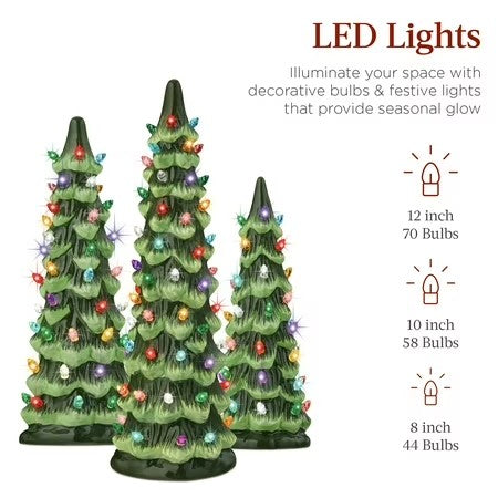 Best Choice Products Set of 3 Pre-Lit Hand-Painted Ceramic Tabletop Christmas Trees w/ Multicolor Lights - Green - E5 - 996