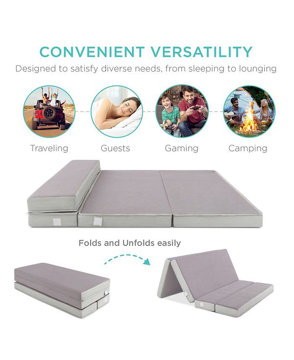 Best Choice Products 4in Thick Folding Portable Gray Mattress Topper w/ Carry Case, Washable Cover - Gray - Full - C11 - 590