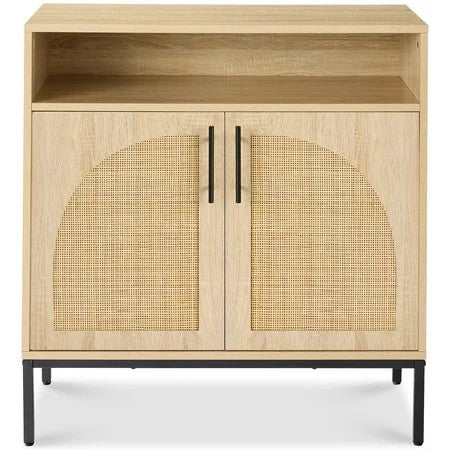 Arched 2-Door Rattan Cabinet, Sideboard, Buffet, w/ Cord Cutout, Adjustable Storage Shelf - Natural - 354