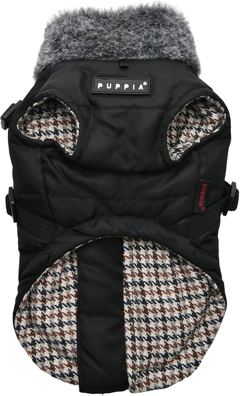 Puppia Donavan Winter Dog Coat with Integrated Harness No Pull Cold Weather Waterproof Warm Fleece Back Zipper, Black, Large - L14 - 624