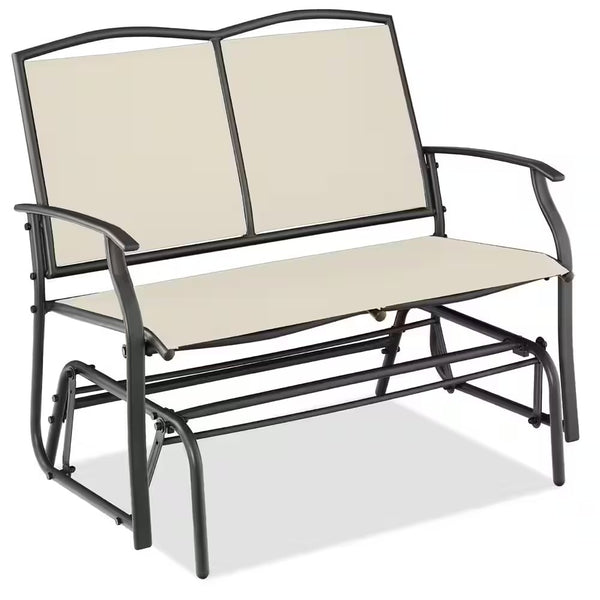 Ivory/Gray 2-Person Metal Outdoor Glider, Patio Loveseat, Fabric Bench Rocker for Porch with Armrests -H7-0107
