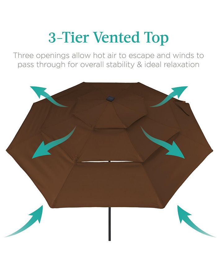 Best Choice Products 10ft 3-Tier Solar Patio Umbrella w/ 24 LED Lights, Tilt Adjustment, Easy Crank - Brown - L3 - 372