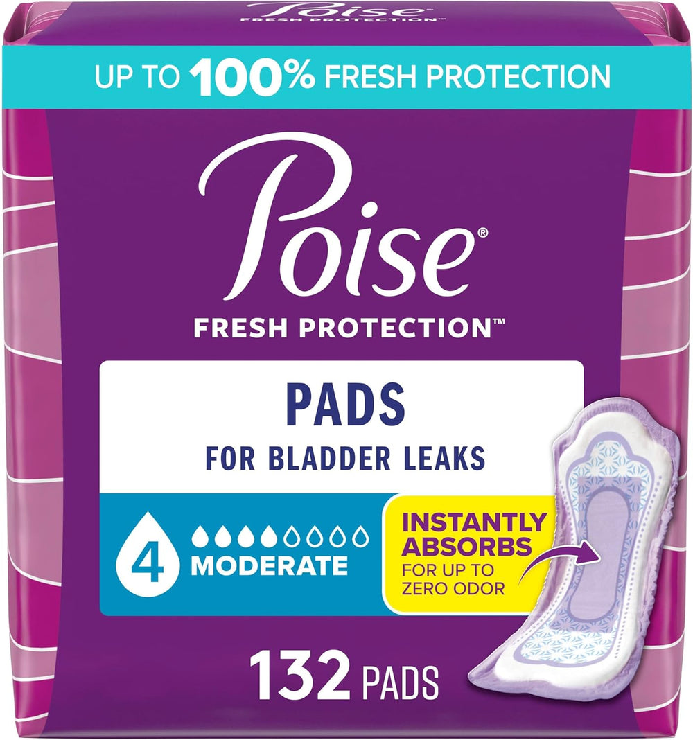 Poise Incontinence & Postpartum Pads for Bladder Leaks, 4 Drop Moderate Absorbency, Regular Length, 132 Count, Packaging May Vary pack of 2 - J105