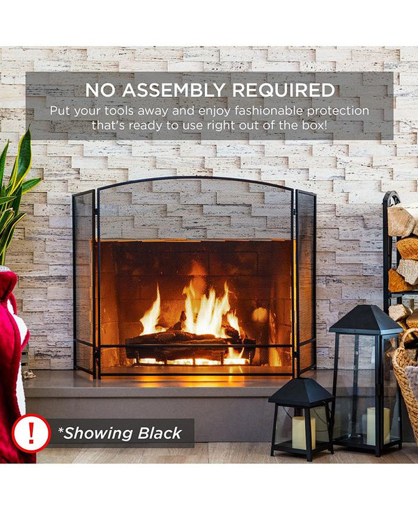 Best Choice Products 47.5x27.25in 3-Panel Steel Mesh Fireplace Screen, Spark Guard w/ Rustic Worn Finish - Black - NO SIZE - J7-1595