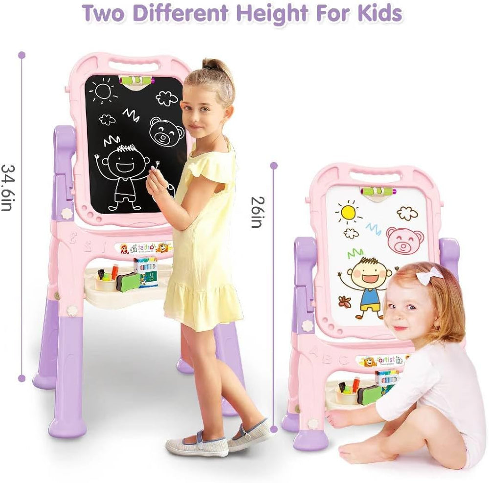 Kids Art Easel, Adjustable Drawing Whiteboard & Chalk Board, Double Sided Toddler Easel with Painting Accessories, Birthday Gift Toy for Little Girls Boy Age 2 3 4 5 (Pink) 1329