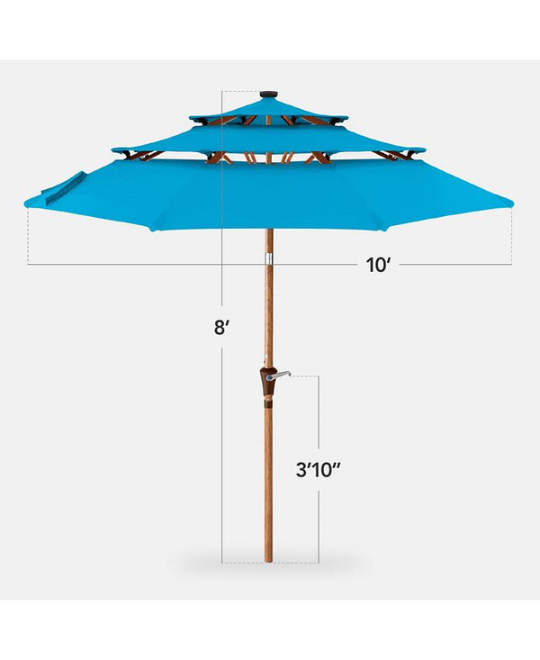 Best Choice Products Woodgrain Pattern 10ft 3-Tier Solar Patio Umbrella w/ 24 LED Lights, Tilt - Blue - B5 - 471