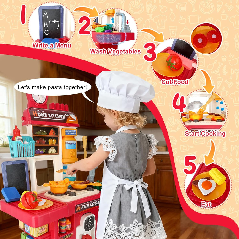 Upgrade Toy Kitchen Set for Kids Toddlers Mini Kitchen Playset with Spray Sink & Realistic Lighting Pretend Cooking Toys for 3 4 5 Year Old Girls Boys Gifts 1374