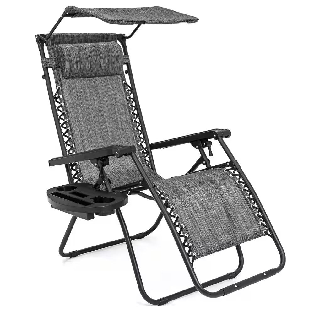 Zero Gravity Folding Reclining Gray Fabric Outdoor Lawn Chair w/Canopy Shade, Headrest Tray M94