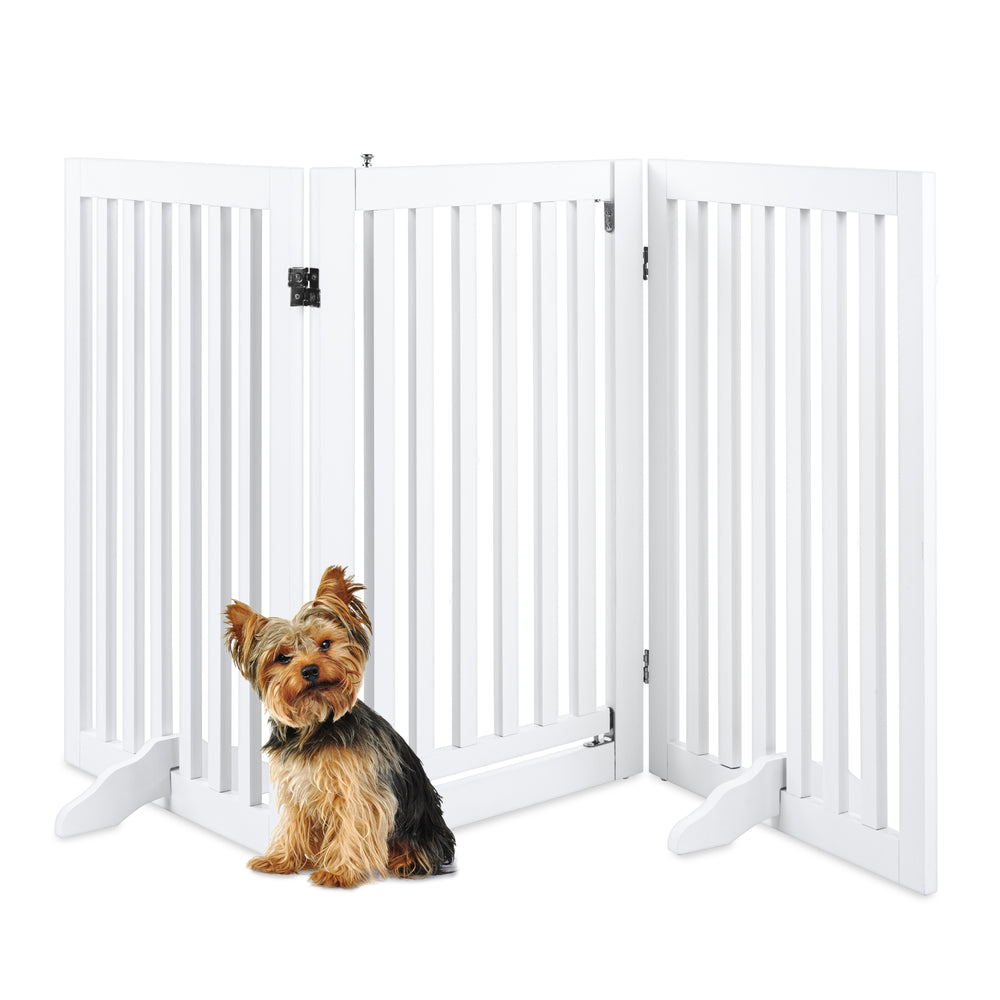 31.5in 3-Panel Freestanding Wooden Pet Gate W/ Door, Support Feet - White M11