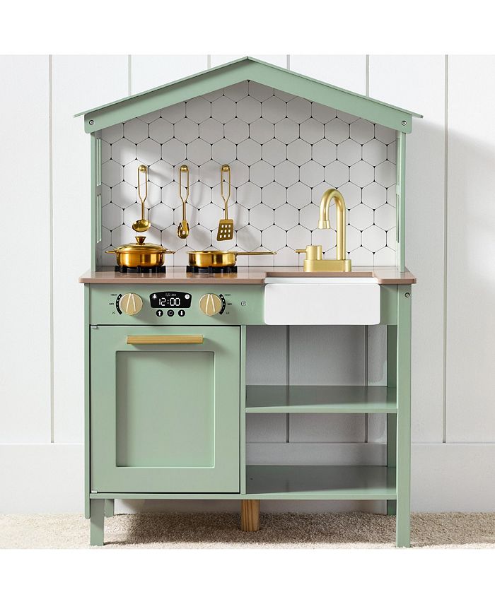 Best Choice Products Pretend Play Wooden Farmhouse Kitchen Set w/ Storage, Clicking Knobs, 5 Accessories - Green - G9 - 1023