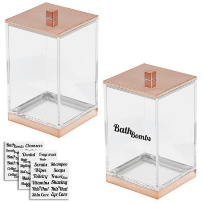 mDesign Small Apothecary Storage Jar with Labels for Bathroom - Clear/Rose Gold - L9 - 482