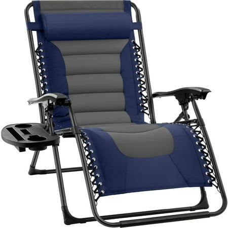 Best Choice Products Oversized Padded Zero Gravity Chair Folding Outdoor Patio Recliner W/ Side Tray - Navy/Gray - 1551