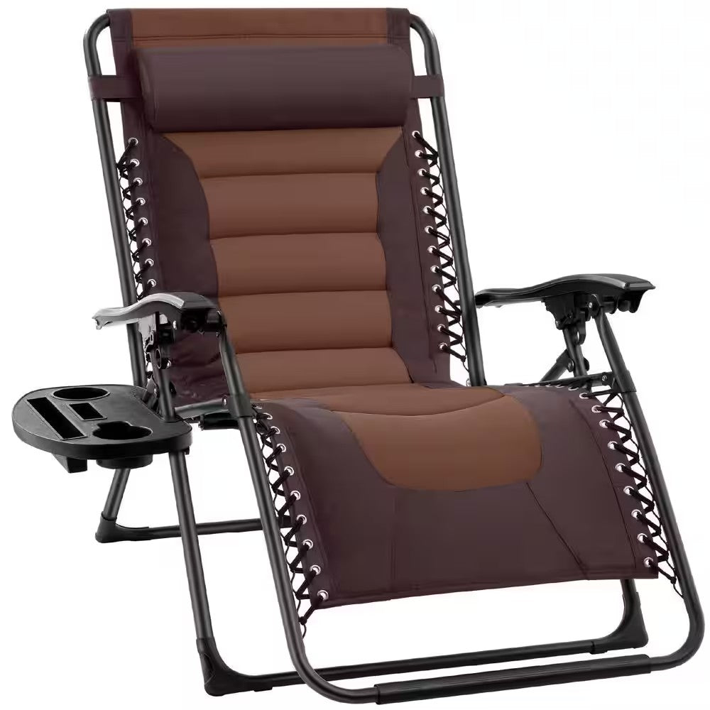 Oversized Padded Zero Gravity Brown/Caramel Metal Reclining Outdoor Lawn Chair with Side Tray 1701