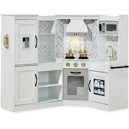 Pretend Play Corner Kitchen, Interactive Wooden Kids Set w/ Lights & Sounds - White 1665