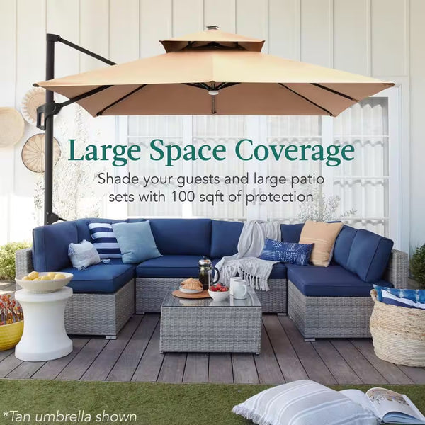 10 ft. Solar LED 2-Tier Square Cantilever Patio Umbrella with Base Included in Fog Gray - TR - 280