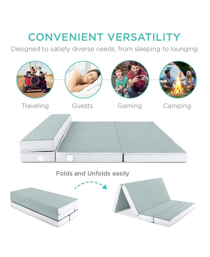 Best Choice Products 4in Thick Folding Portable Seafoam Mattress Topper w/ Carry Case, Washable Cover - Green - Full - B3-0463