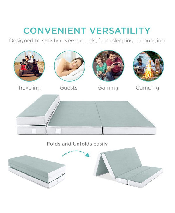 Best Choice Products 4in Thick Folding Portable Seafoam Mattress Topper w/ Carry Case, Washable Cover - Green - Full - B3-0463