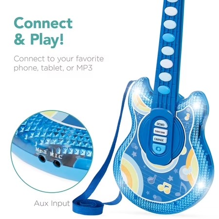 Best Choice Products 19in Kids Flash Guitar, Pretend Play Musical Instrument Toy for Toddlers w/ Mic, Stand - Navy -J4-0413