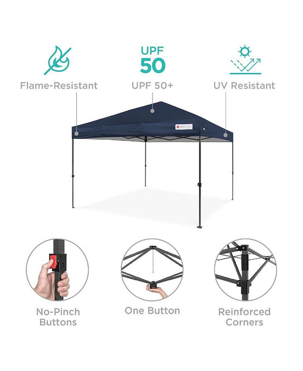 Best Choice Products 10x10ft Easy Setup Pop Up Canopy w/ 1-Button Setup, Wheeled Case, 4 Weight Bags - Blue - B3 - 450