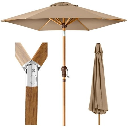 10ft Outdoor Woodgrain Pattern Steel Market Patio Umbrella W/ Crank, Tilt - Tan 208