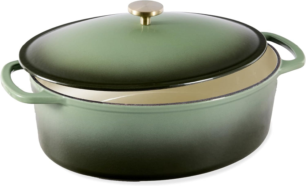 Oval 7.5 Quart Enamel Cast-Iron Dutch Oven, Heavy-Duty Pre-Seasoned for Baking, Cooking w/Side Handles   Deep Olive Green M100