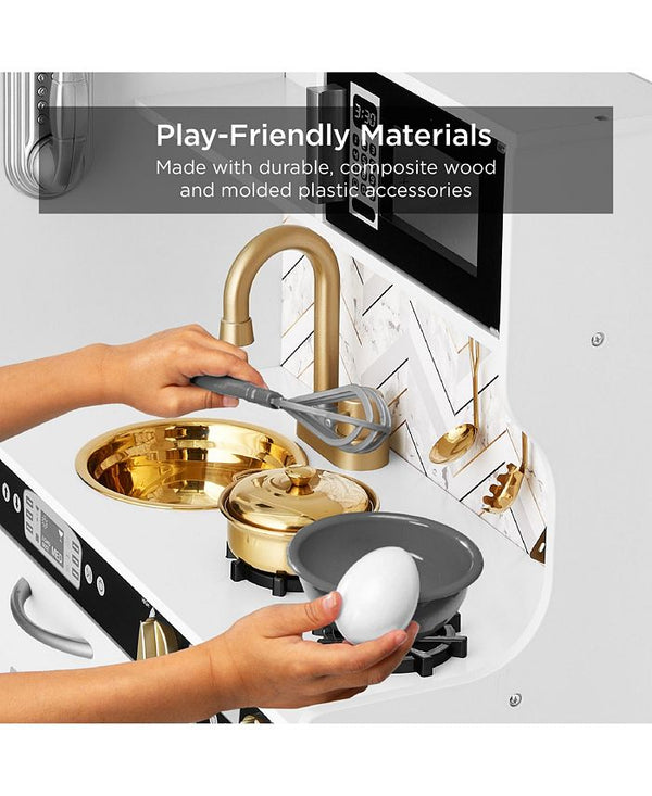 Best Choice Products Pretend Play Kitchen Wooden Toy Set for Kids w/ Telephone, Utensils, Oven, Microwave - White -C8-0489