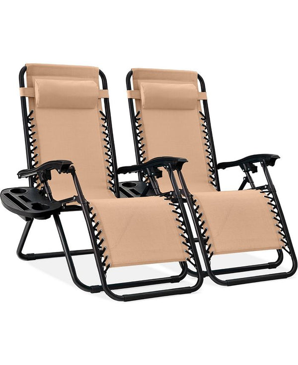 Best Choice Products Set of 2 Zero Gravity Lounge Chair Recliners for Patio, Pool w/ Cup Holder Tray - Tan/Beige -M6-0024