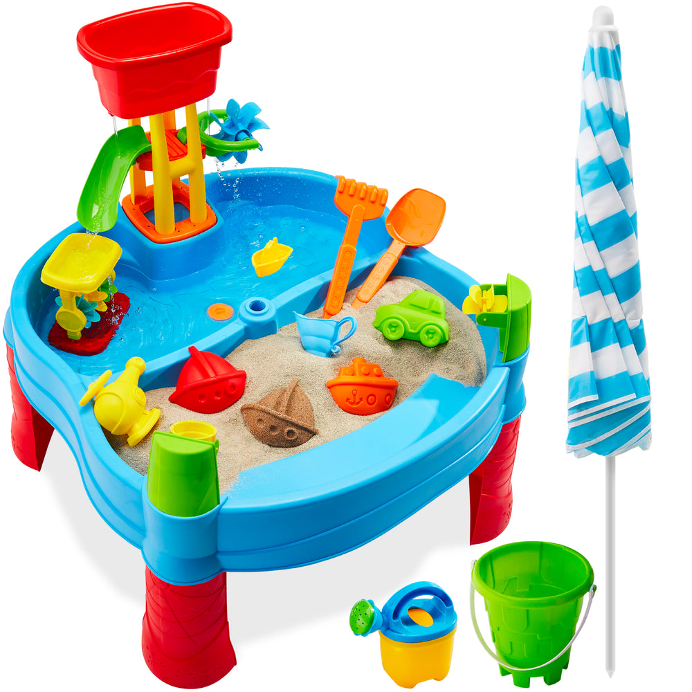 Kids Sand & Water Outdoor Activity Table 2-in-1 Play Set W/ 18 Accessories Adjustable Umbrella M120