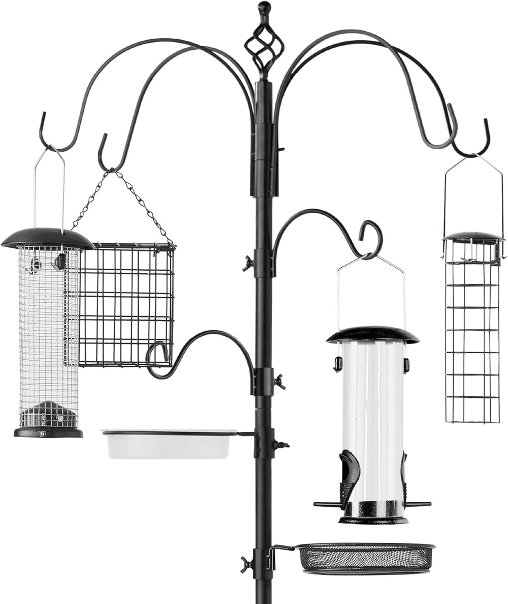6-Hook Bird Feeding Station w/ Feeders, Tray & Bird Bath — Black — H15