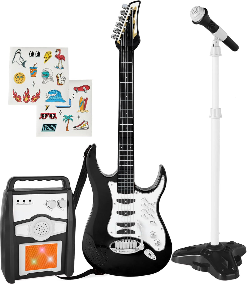 Kids Electric Musical Guitar Play Set, Toy Guitar Starter Kit Bundle w/ 6 Demo Songs, Whammy Bar, Microphone, Amp, AUX, 2 Sticker Sheets - Black - 797