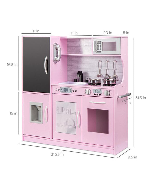 Best Choice Products Pretend Play Kitchen Wooden Toy Set for Kids w/ Telephone, Utensils, Oven, Microwave - Pink -G3-1949