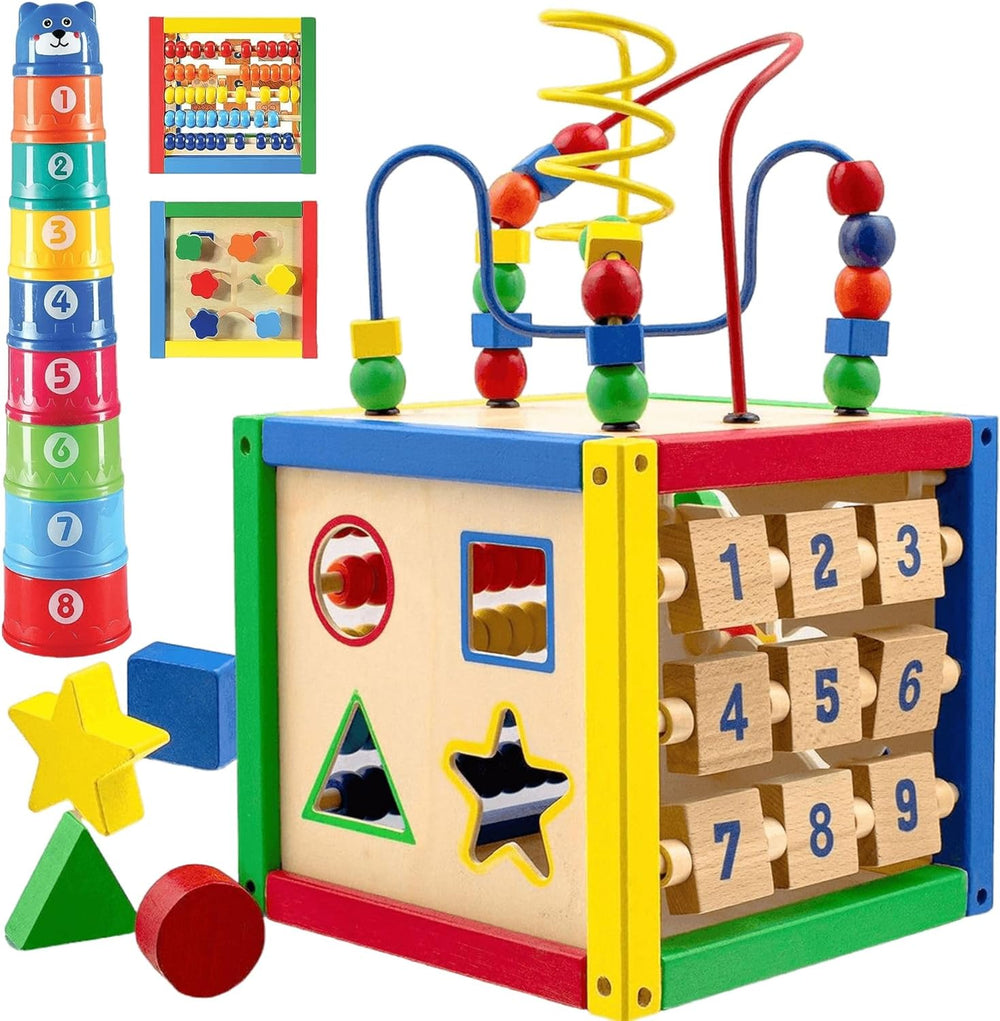 Play22 Wooden Activity Cube for Baby - 6 in-1 Baby Activity Play Cube with Bead Maze, Shape Sorter, Abacus Counting Beads, Counting Numbers, Sliding Shapes, Removable Bead Maze, 8Pcs Stacking Cups - K11 - 244