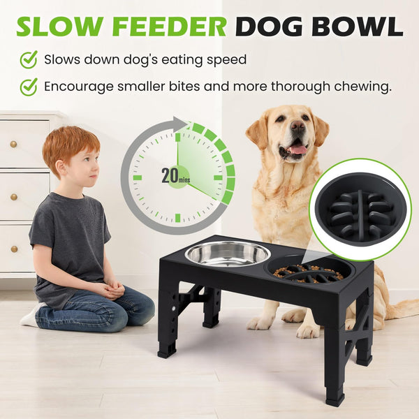 Heeyoo Elevated Dog Bowls - 5 Adjustable Heights Stand, 2 Stainless Steel Bowls & 1 Slow Feeder, 3.2" to 12.2" for Small to Large Dogs -K9-1643