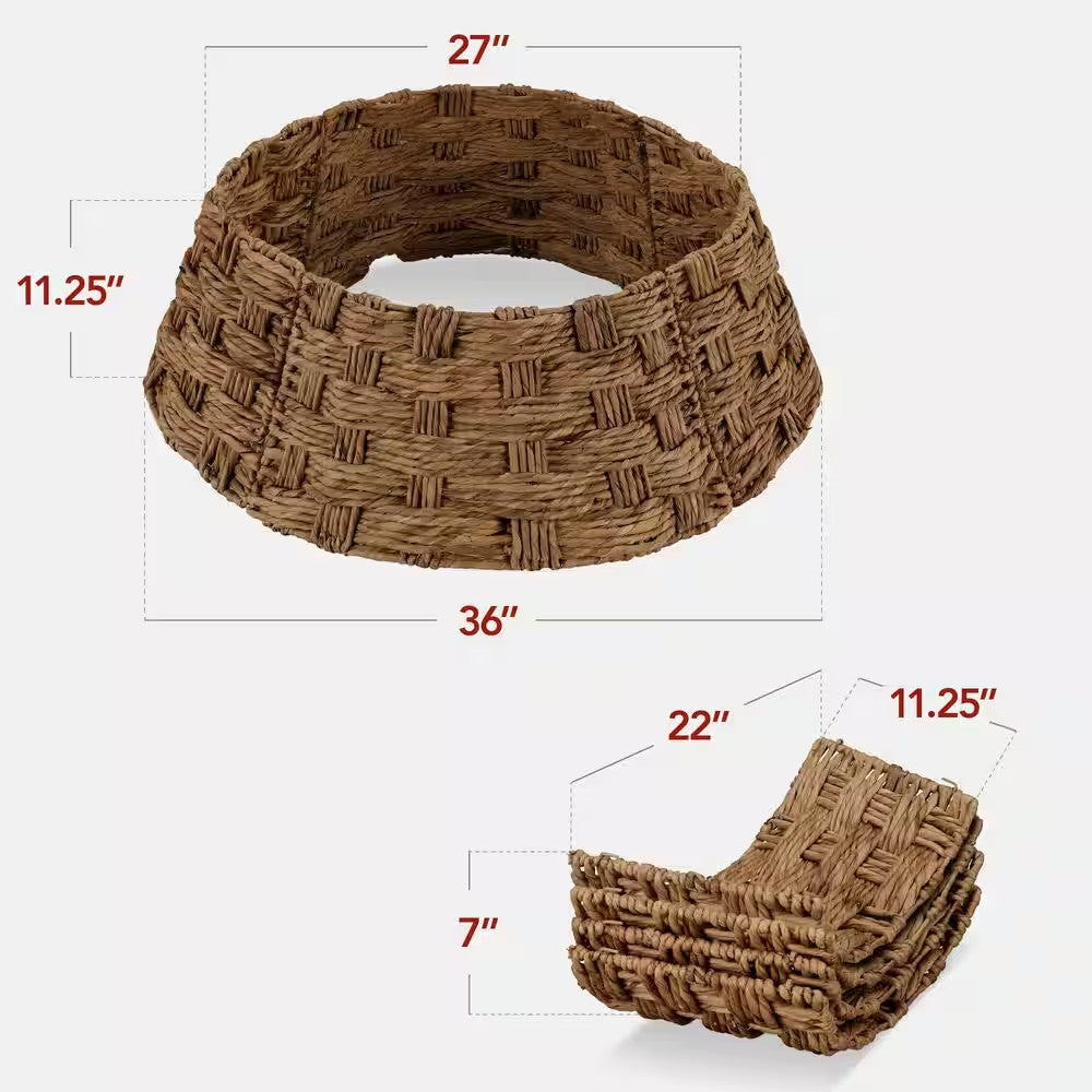 36 in. Basket Woven Hyacinth Christmas Cellulose Tree Collar, Skirt Accessory with Cord Cut-Out in Chestnut -E4-1965
