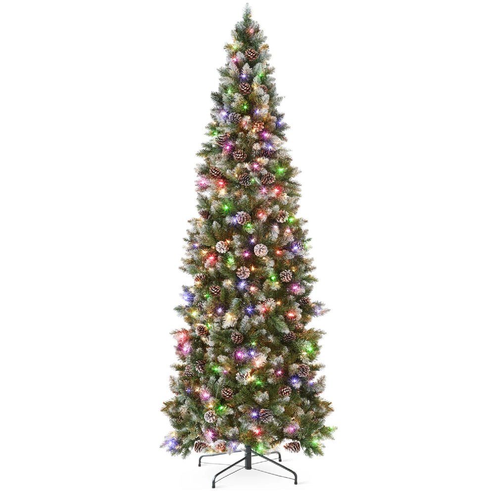 Pre-Lit Partially Flocked Pencil Christmas Tree W/ 2-in-1 Multicolor Lights - 12ft M112