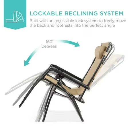 Best Choice Products Folding Zero Gravity Recliner Patio Lounge Chair w/ Canopy Shade, Headrest, Tray - Beige -M11-0050