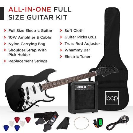 Best Choice Products 39in Full Size Beginner Electric Guitar Kit with Case, Strap, Amp, Whammy Bar - Jet Black -G3-1952