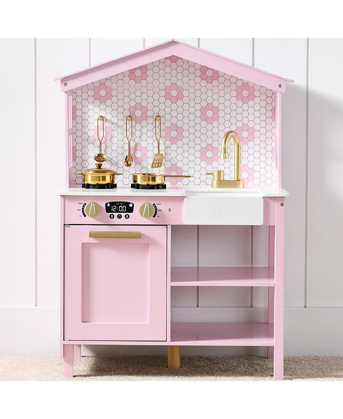 Best Choice Products Pretend Play Wooden Farmhouse Kitchen Set w/ Storage, Clicking Knobs, 5 Accessories - Pink - No Size - C10 - 1450