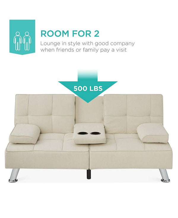 Best Choice Products Modern Linen Convertible Futon Sofa Bed w/ Removable Armrests, Metal Legs, Cupholders - Ivory/Cream -M6-1582