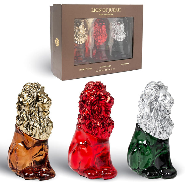 LION OF JUDAH - Set of 3 Travel Size Cologne for Men - Long-Lasting EDP Fragrance Comes in Elegant Lion-Shaped Glass Bottle - Fresh, Masculine & Sweet Scent (15ml) -K9-1611